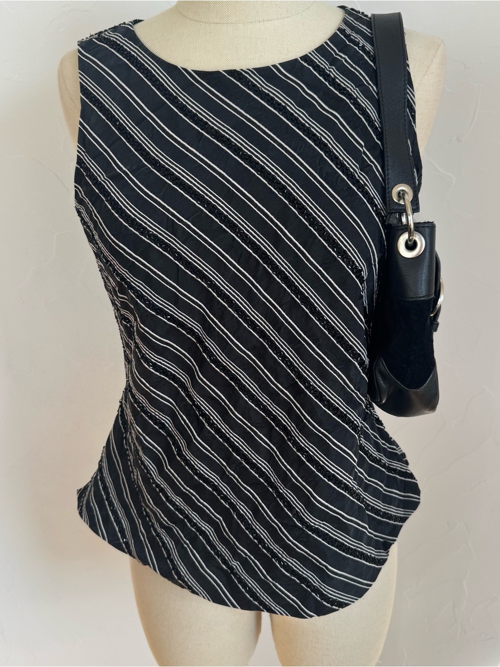 Vintage Talbots Silk Beaded Stripe Top Black White 90s Evening